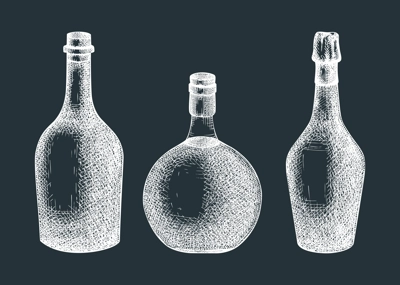 Hand-sketched  glass bottles illustration set. Vector sketch of alcoholic drink in a glassware. Alcohol beverage bottle hand-drawing on chalkboard